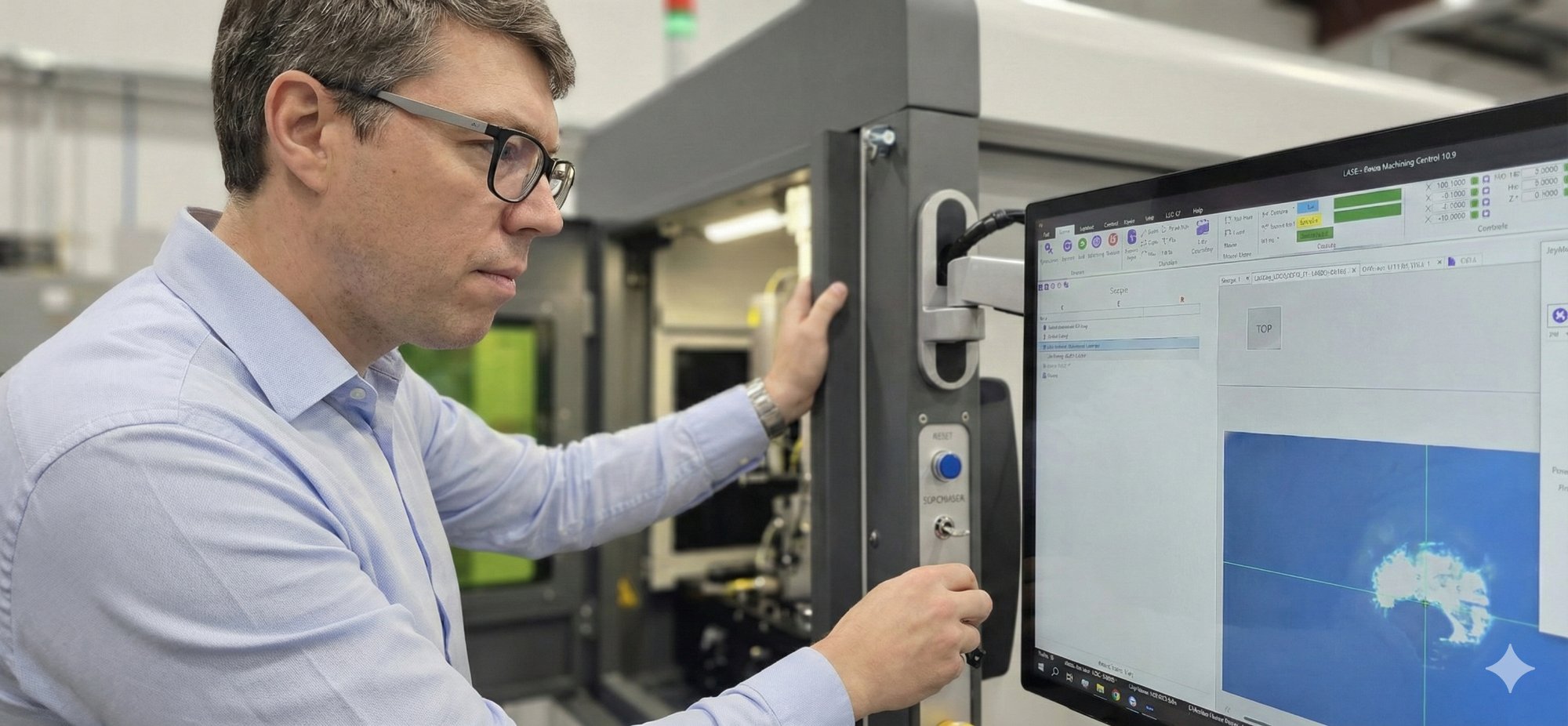 Alexander Wolynski devant un système d'usinage laser